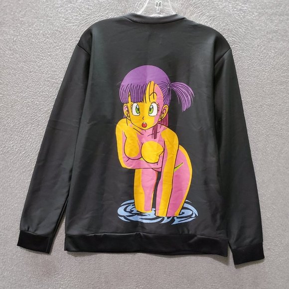 Anime Girl Men Sweatshirt Medium Black Graphic‎ Print Purple Hair Pullover - Picture 6 of 7